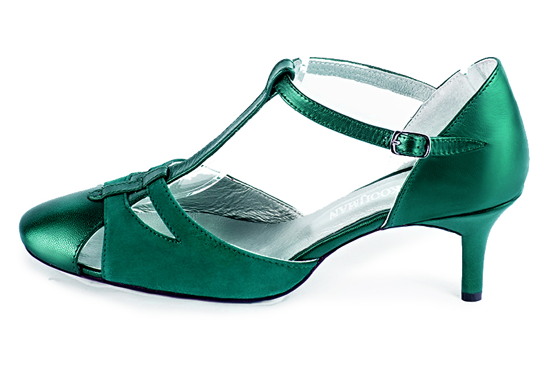 Emerald green women's T-strap open side shoes. Round toe. Medium slim heel. Profile view - Florence KOOIJMAN